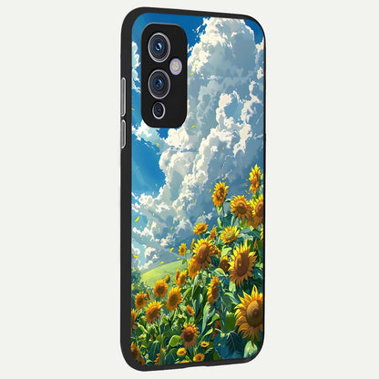  Golden Sun Glory back cover For OnePlus 9 slim fit glass case with vibrant aesthetic design
