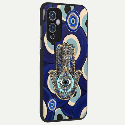  Hamsa Divine Guard back cover For OnePlus 9 slim fit glass case with vibrant aesthetic design