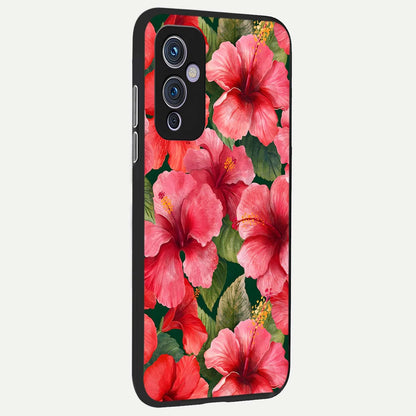  Hibiscus Pattern back cover For OnePlus 9 slim fit glass case with vibrant aesthetic design