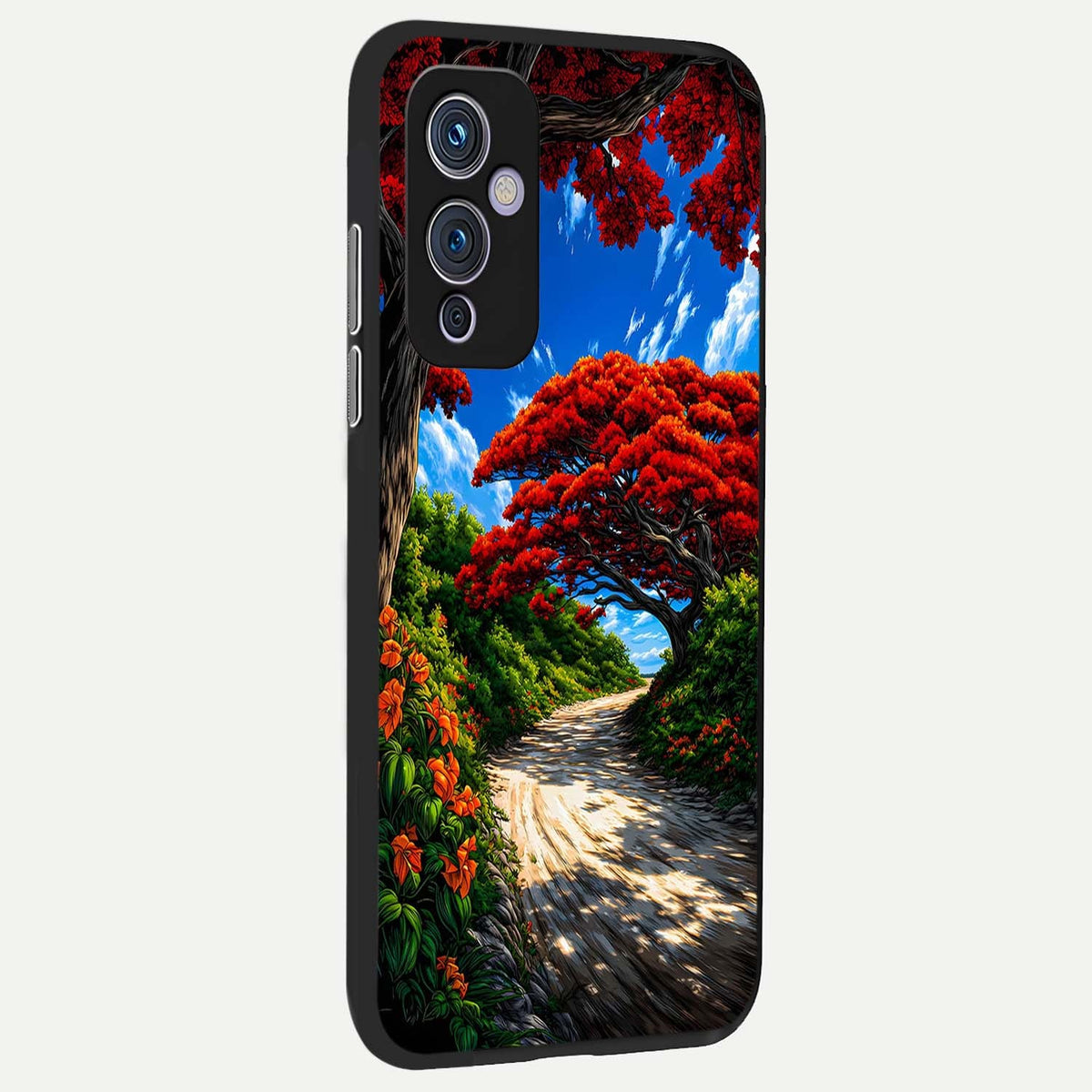  Red Trees Pathway back cover For OnePlus 9 slim fit glass case with vibrant aesthetic design