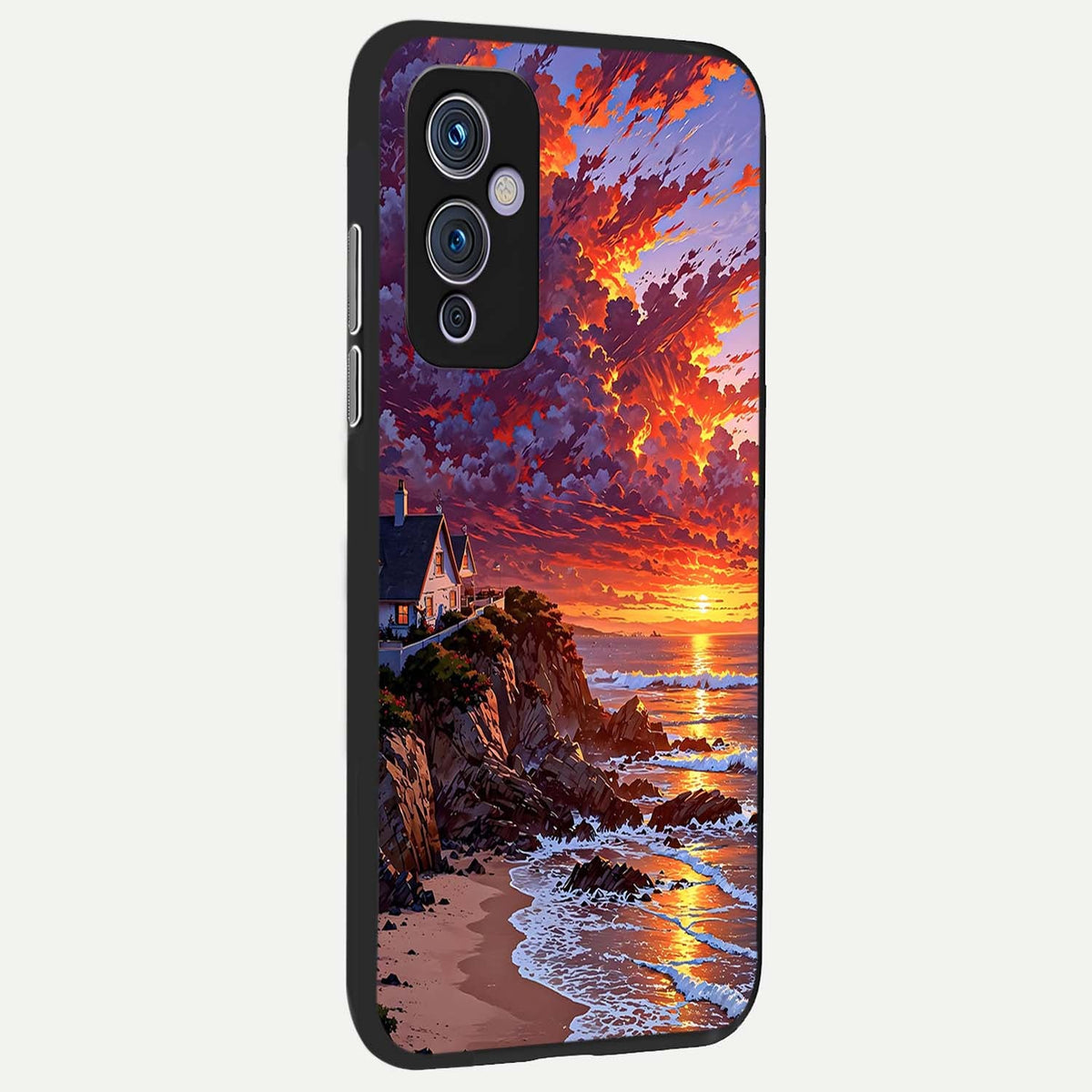  Sunset House By Sea back cover For OnePlus 9 slim fit glass case with vibrant aesthetic design