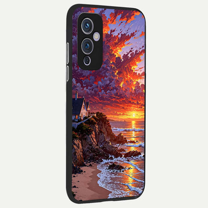  Sunset House By Sea back cover For OnePlus 9 slim fit glass case with vibrant aesthetic design