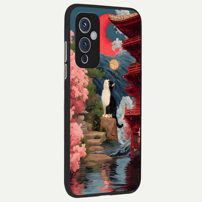  Temple Cat Scenery back cover For OnePlus 9 slim fit glass case with vibrant aesthetic design