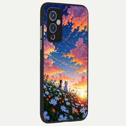  Two Cats Friends back cover For OnePlus 9 slim fit glass case with vibrant aesthetic design