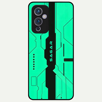  Aqua Tech CYBERPUNK Custom Name Glass Case For OnePlus 9 back cover – full design glossy printed glass finish