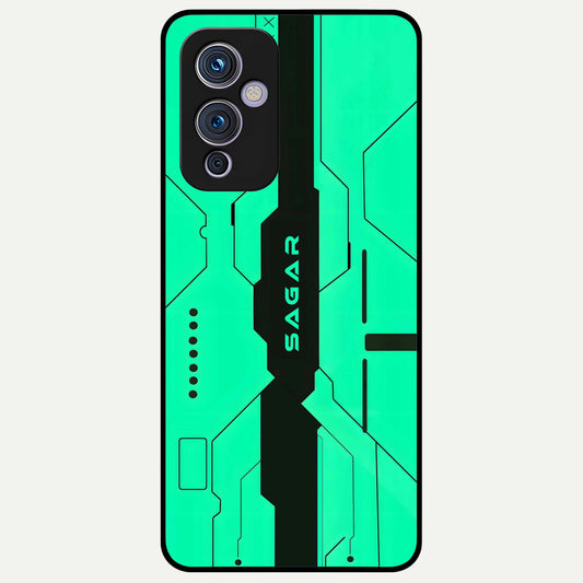  Aqua Tech CYBERPUNK Custom Name Glass Case For OnePlus 9 back cover – full design glossy printed glass finish