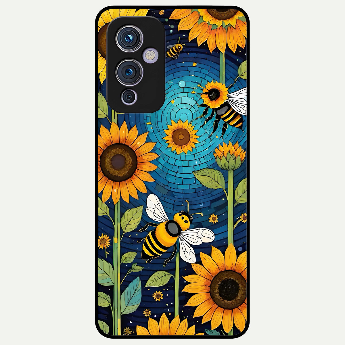  Bees And Sunflowers Glass Case For OnePlus 9 back cover – full design glossy printed glass finish