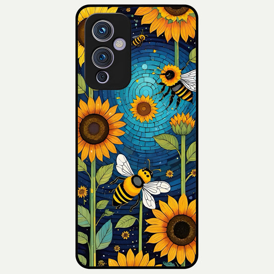  Bees And Sunflowers Glass Case For OnePlus 9 back cover – full design glossy printed glass finish