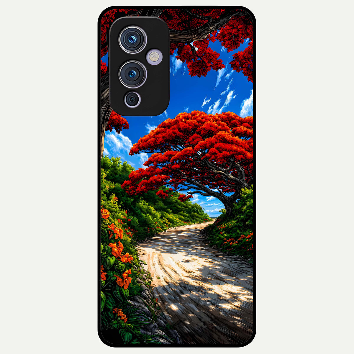  Red Trees Pathway Glass Case For OnePlus 9 back cover – full design glossy printed glass finish