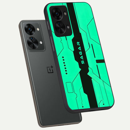  Aqua Tech CYBERPUNK Custom Name phone case For OnePlus Nord 2T showing premium glass back cover with detailed artwork