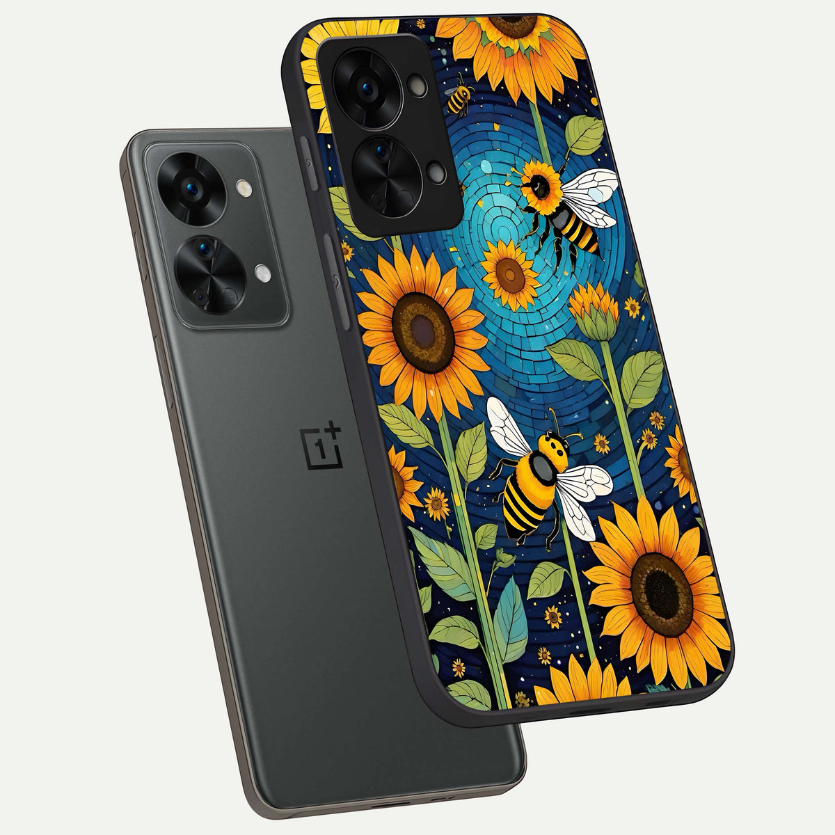  Bees And Sunflowers phone case For OnePlus Nord 2T showing premium glass back cover with detailed artwork