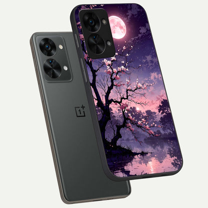  Blossom Pink Moon phone case For OnePlus Nord 2T showing premium glass back cover with detailed artwork