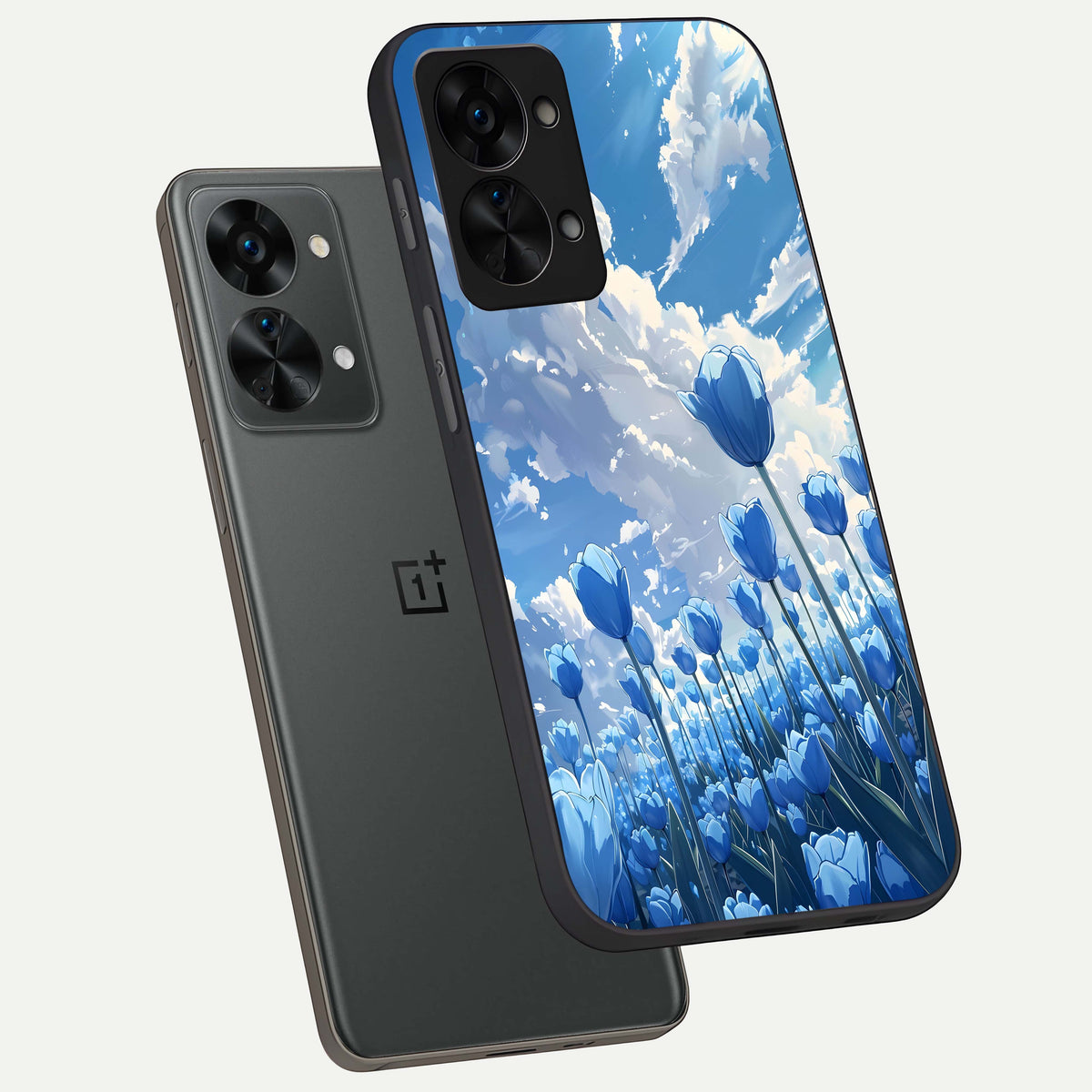  Blue Tulip Clouds phone case For OnePlus Nord 2T showing premium glass back cover with detailed artwork