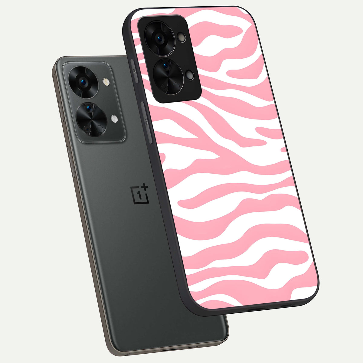  Blush Zebra Flow phone case For OnePlus Nord 2T showing premium glass back cover with detailed artwork