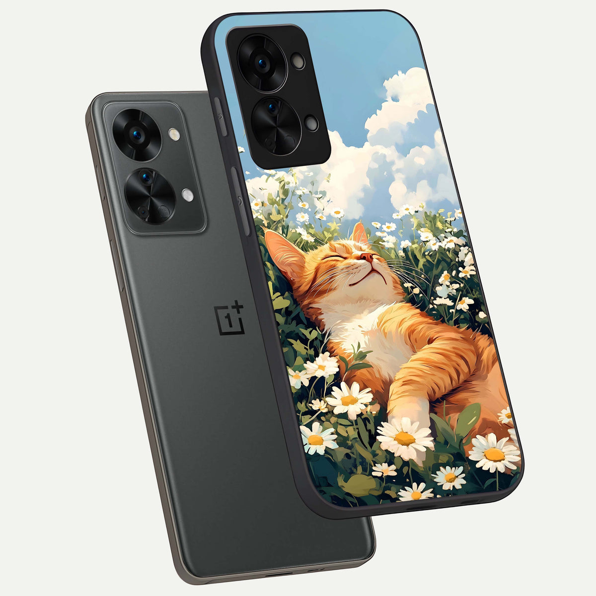  Cat And Flowers View phone case For OnePlus Nord 2T showing premium glass back cover with detailed artwork