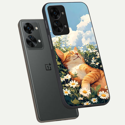  Cat And Flowers View phone case For OnePlus Nord 2T showing premium glass back cover with detailed artwork