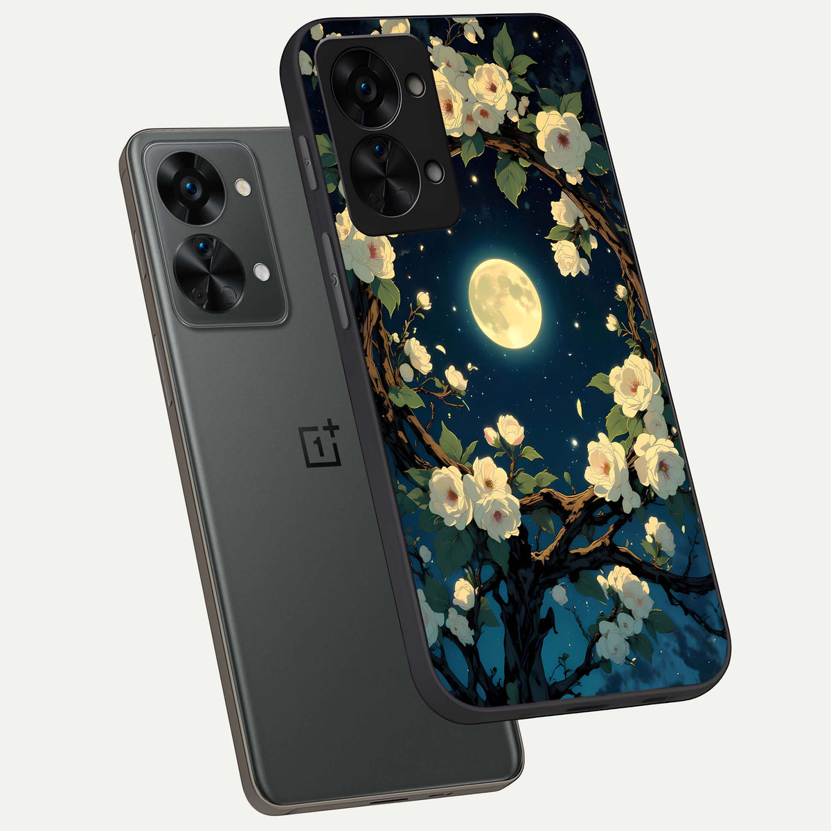  Celestial Moon And Flower phone case For OnePlus Nord 2T showing premium glass back cover with detailed artwork