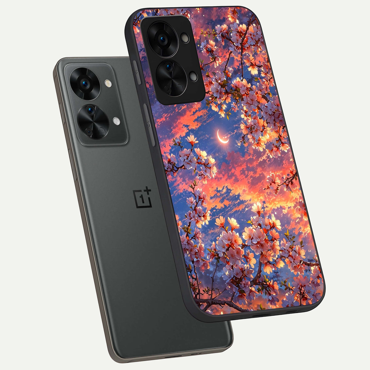  Celestial Sakura Sunset phone case For OnePlus Nord 2T showing premium glass back cover with detailed artwork