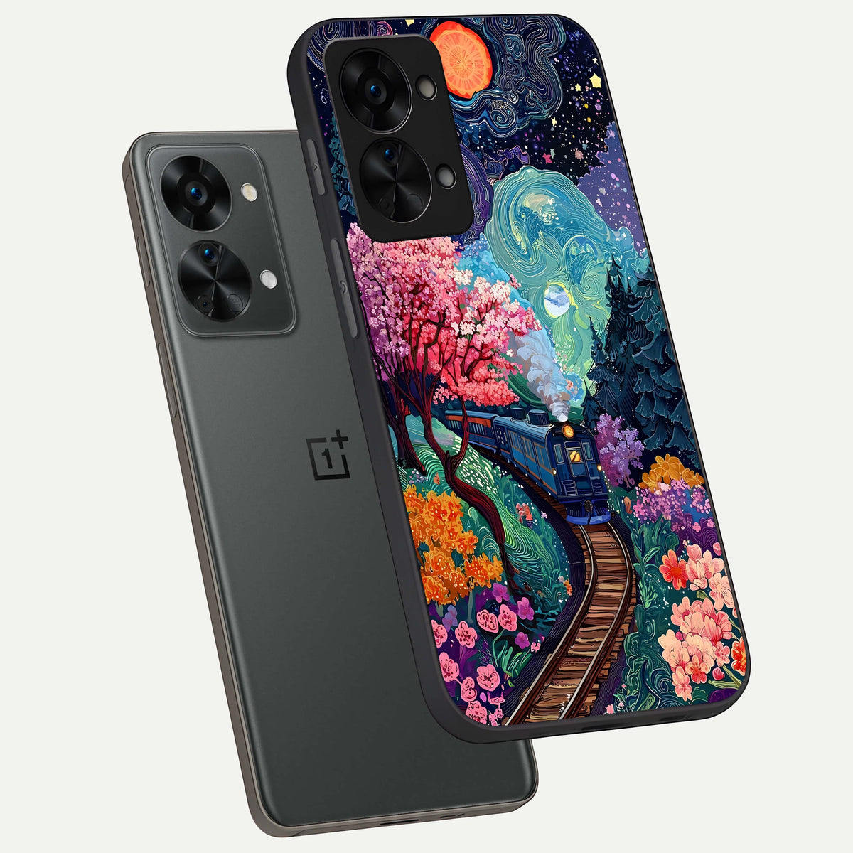  Celestial Train Journey phone case For OnePlus Nord 2T showing premium glass back cover with detailed artwork