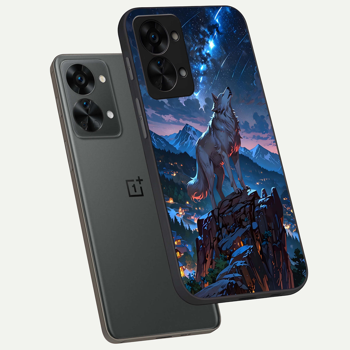  Celestial Wolf Howl phone case For OnePlus Nord 2T showing premium glass back cover with detailed artwork