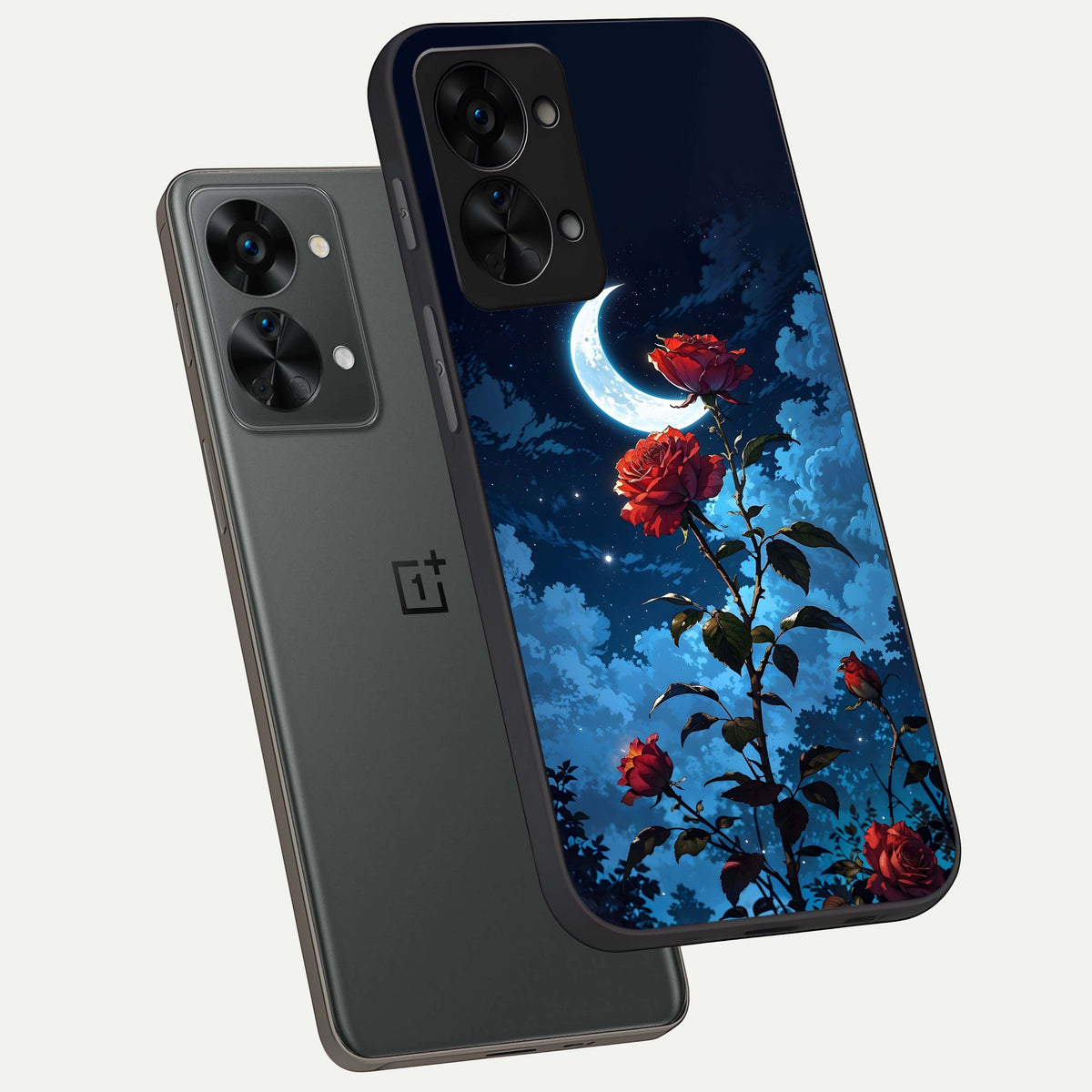  Crimson Rose Moon phone case For OnePlus Nord 2T showing premium glass back cover with detailed artwork