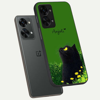  Emerald Cat Custom Name phone case For OnePlus Nord 2T showing premium glass back cover with detailed artwork