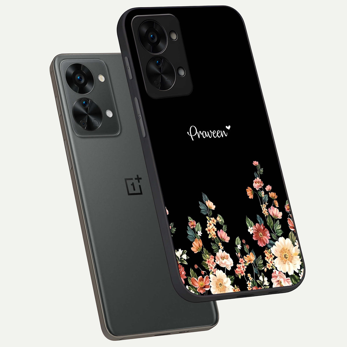  Floral Design Personalized Custom Name phone case For OnePlus Nord 2T showing premium glass back cover with detailed artwork
