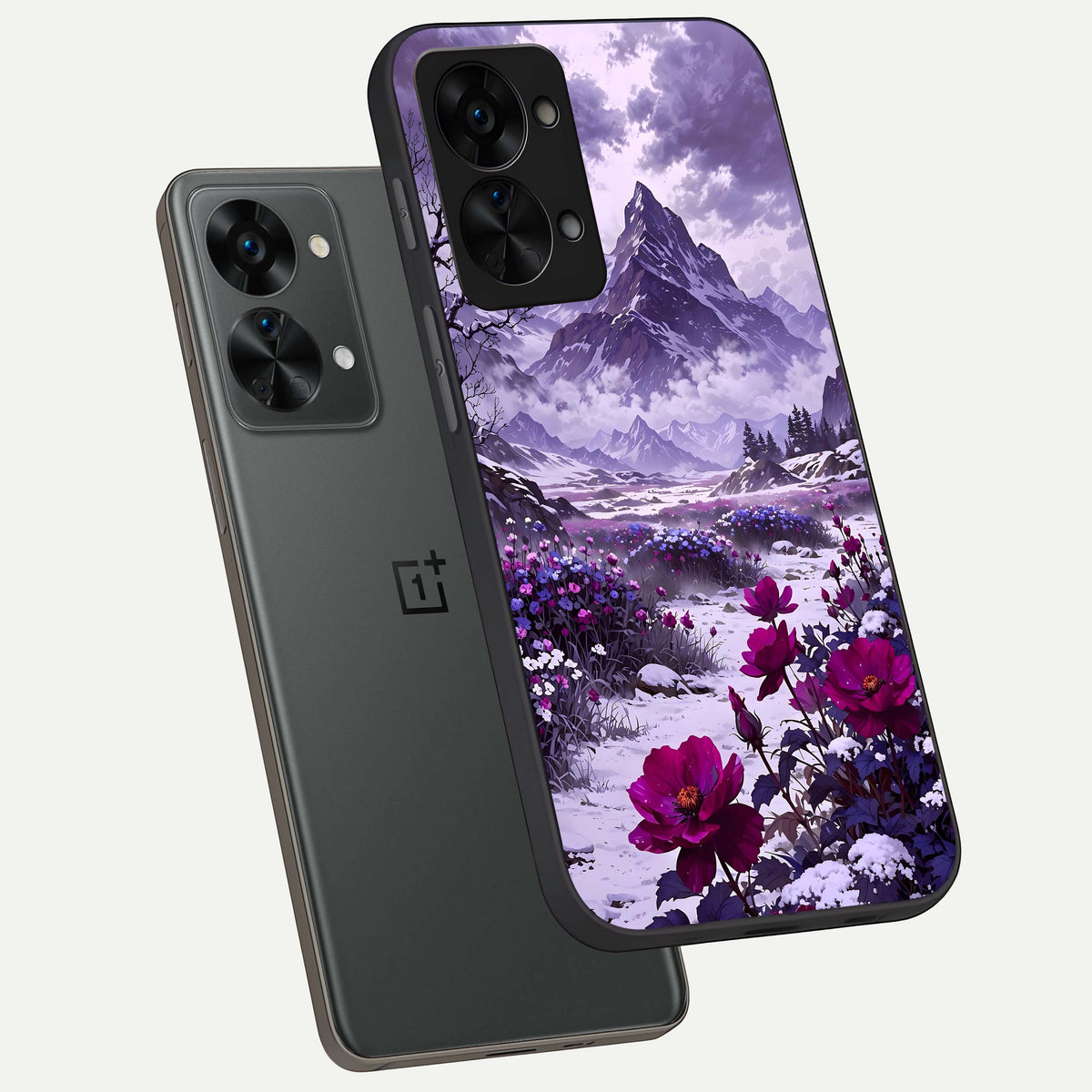 Flower Mountain View phone case For OnePlus Nord 2T showing premium glass back cover with detailed artwork