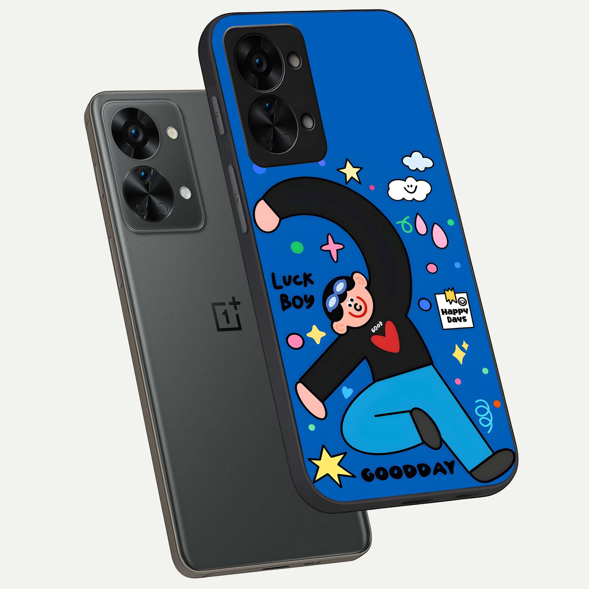  Happy Luck Vibe phone case For OnePlus Nord 2T showing premium glass back cover with detailed artwork