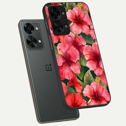  Hibiscus Pattern phone case For OnePlus Nord 2T showing premium glass back cover with detailed artwork