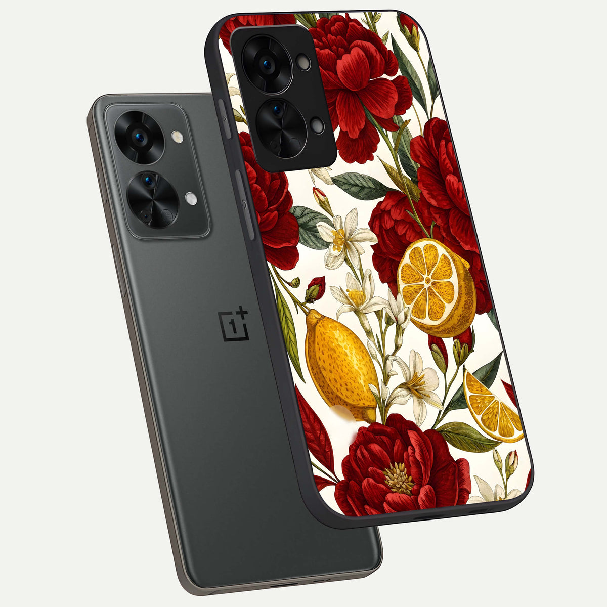  Lemon Rose Charm phone case For OnePlus Nord 2T showing premium glass back cover with detailed artwork