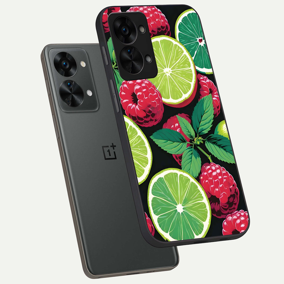  Lime and Raspberry Pattern phone case For OnePlus Nord 2T showing premium glass back cover with detailed artwork