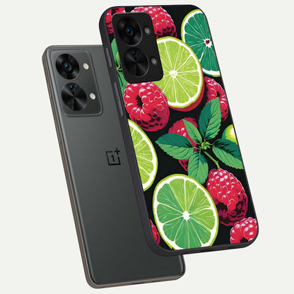  Lime and Raspberry Pattern phone case For OnePlus Nord 2T showing premium glass back cover with detailed artwork