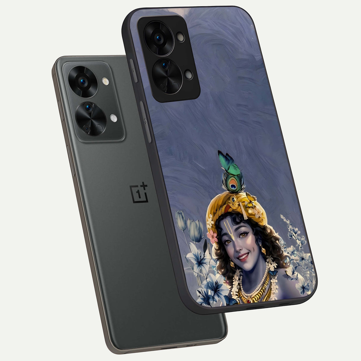  Lord Krishna phone case For OnePlus Nord 2T showing premium glass back cover with detailed artwork