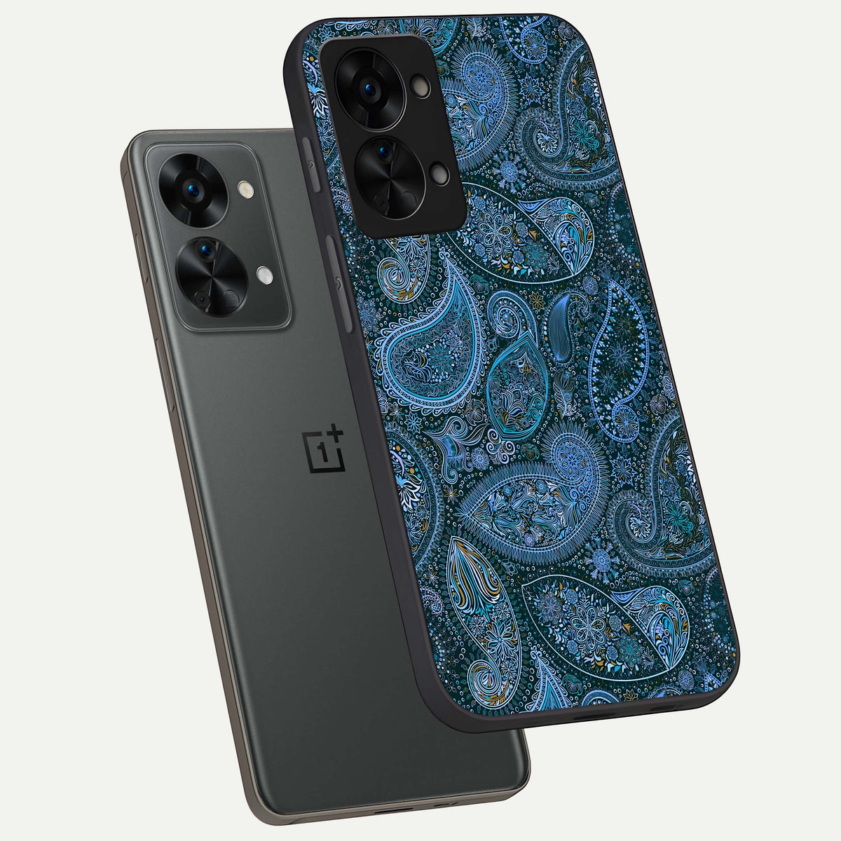  Midnight Paisley Glow phone case For OnePlus Nord 2T showing premium glass back cover with detailed artwork
