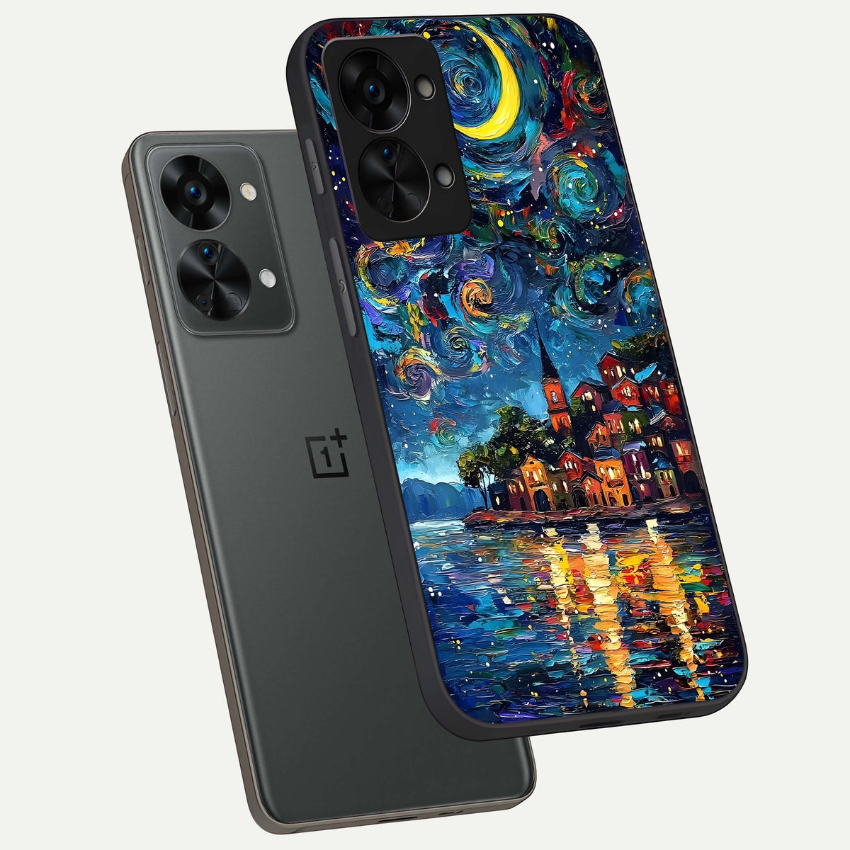  Moonlight Harbor Glow phone case For OnePlus Nord 2T showing premium glass back cover with detailed artwork