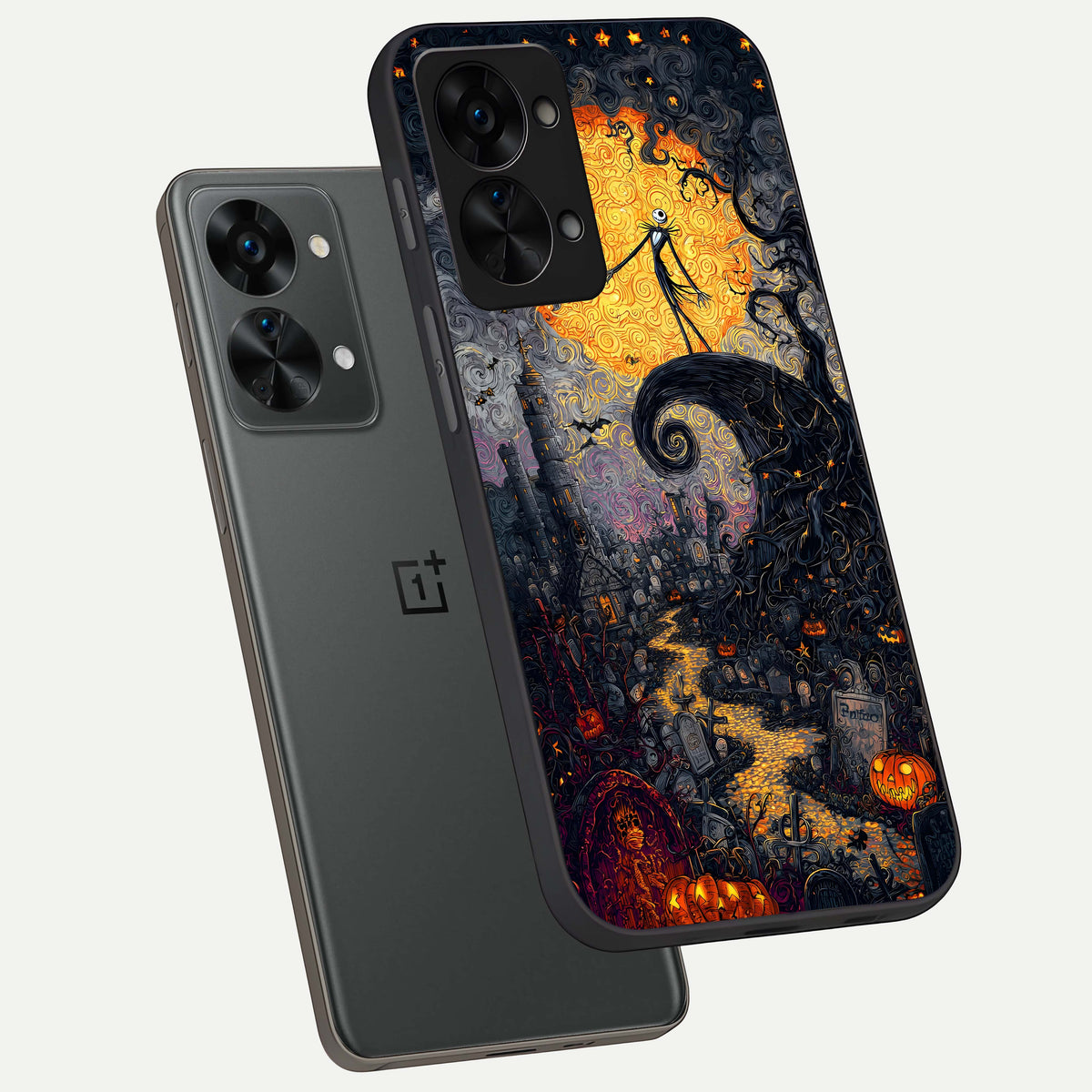  Pumpkin Moon Night phone case For OnePlus Nord 2T showing premium glass back cover with detailed artwork