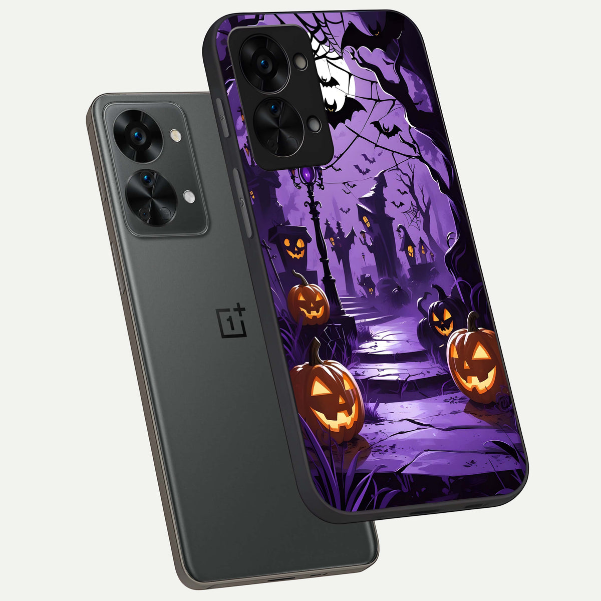  Pumpkin Patch Halloween phone case For OnePlus Nord 2T showing premium glass back cover with detailed artwork