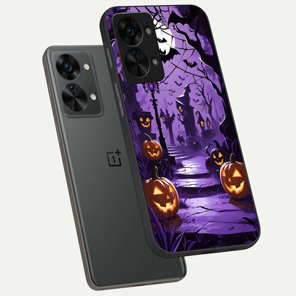  Pumpkin Patch Halloween phone case For OnePlus Nord 2T showing premium glass back cover with detailed artwork
