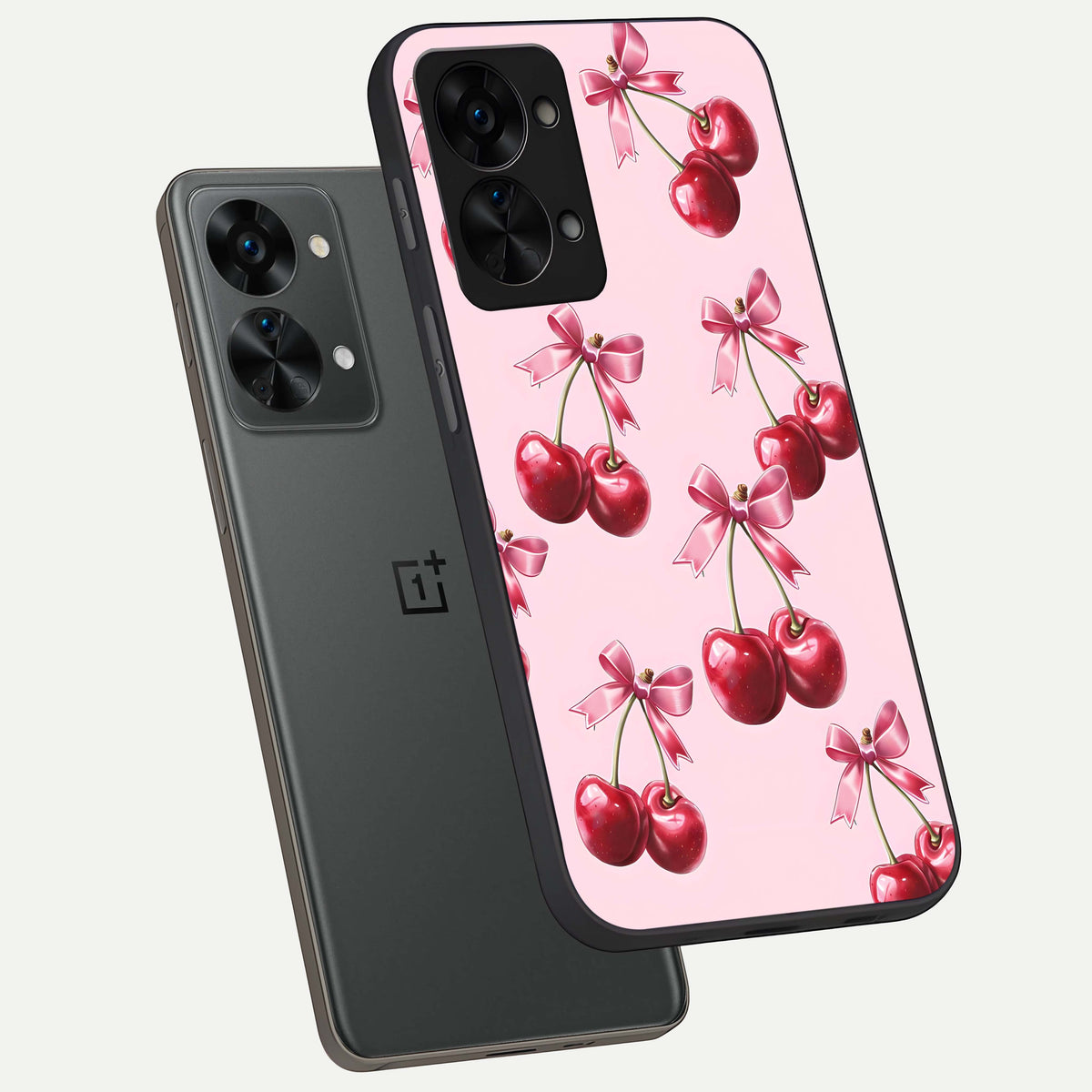  Red Cherries Pattern phone case For OnePlus Nord 2T showing premium glass back cover with detailed artwork