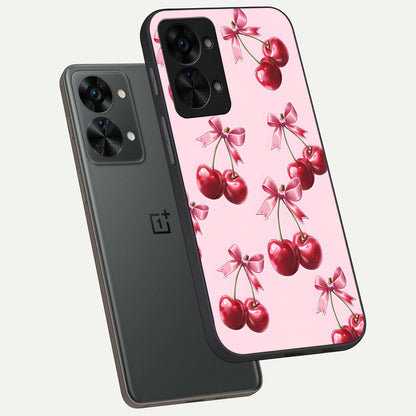  Red Cherries Pattern phone case For OnePlus Nord 2T showing premium glass back cover with detailed artwork