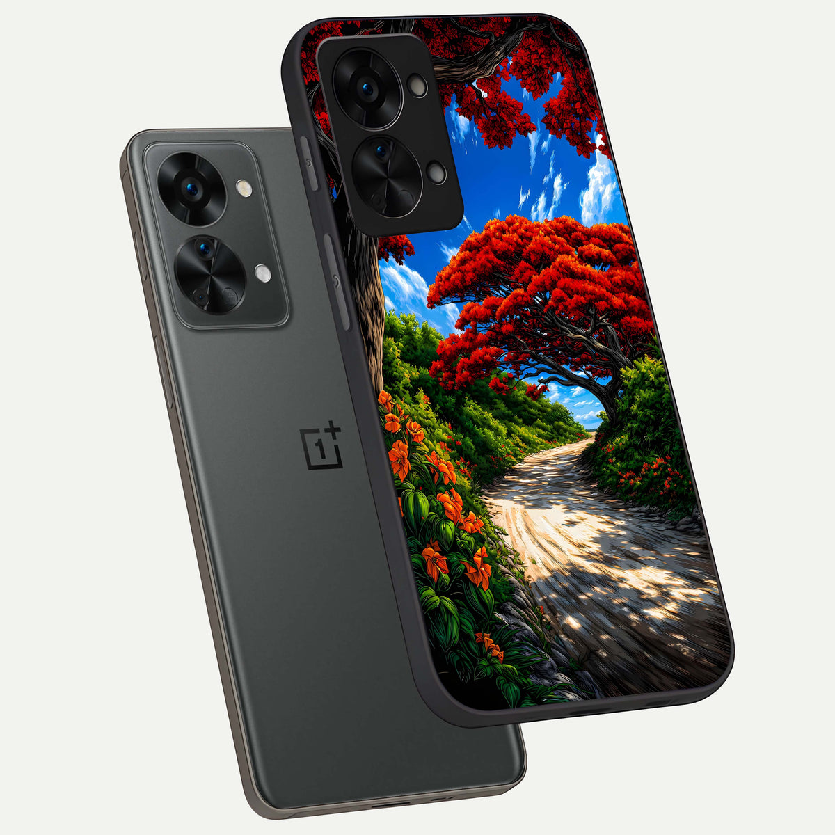  Red Trees Pathway phone case For OnePlus Nord 2T showing premium glass back cover with detailed artwork