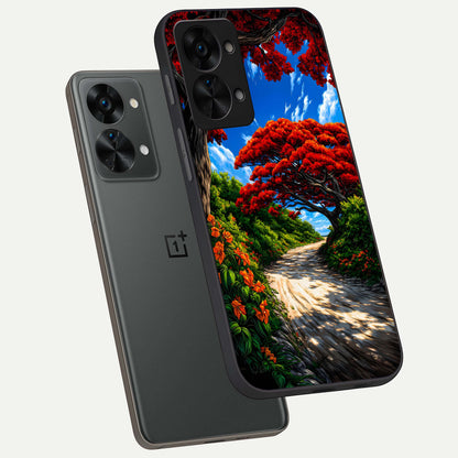  Red Trees Pathway phone case For OnePlus Nord 2T showing premium glass back cover with detailed artwork