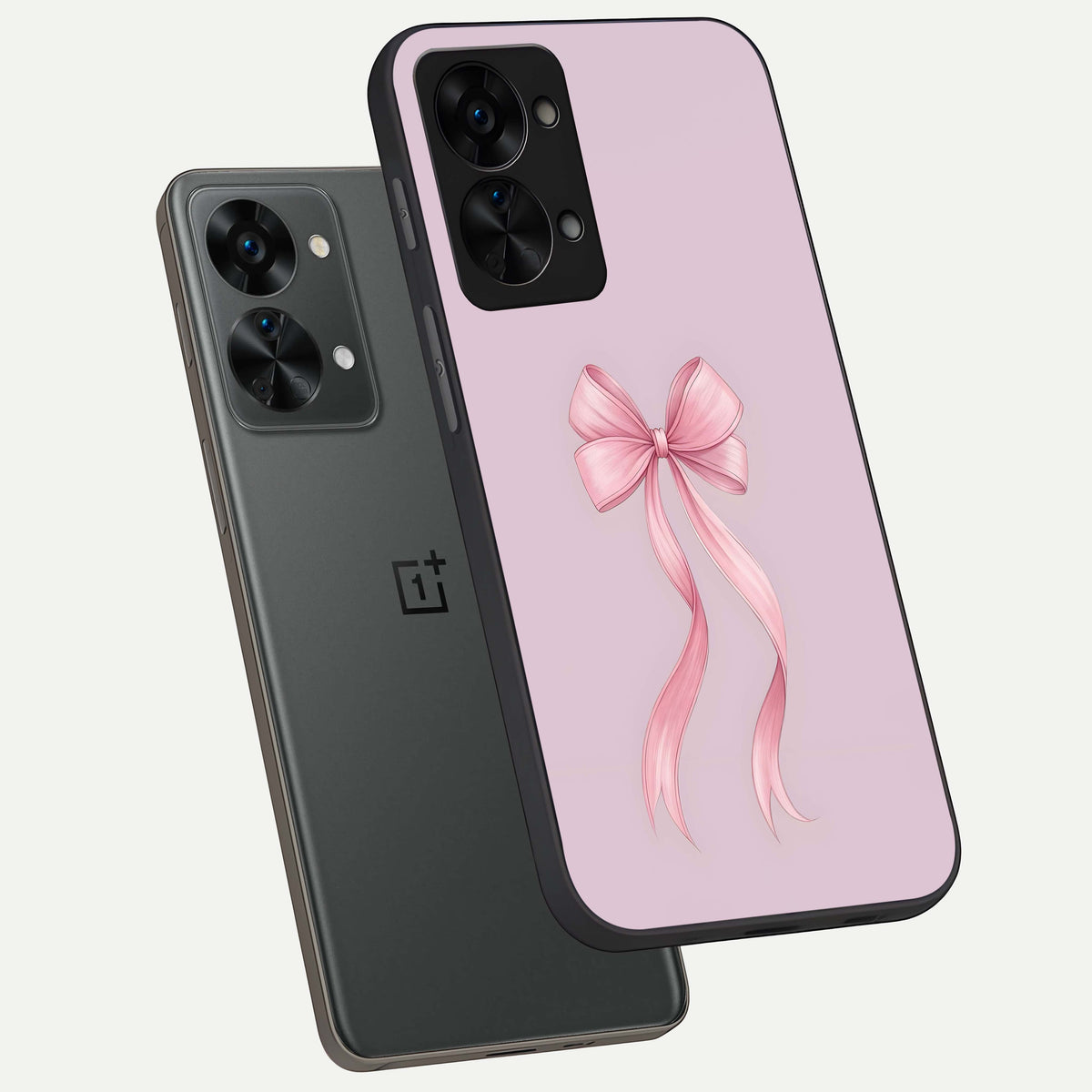  Soft Blush Bow phone case For OnePlus Nord 2T showing premium glass back cover with detailed artwork