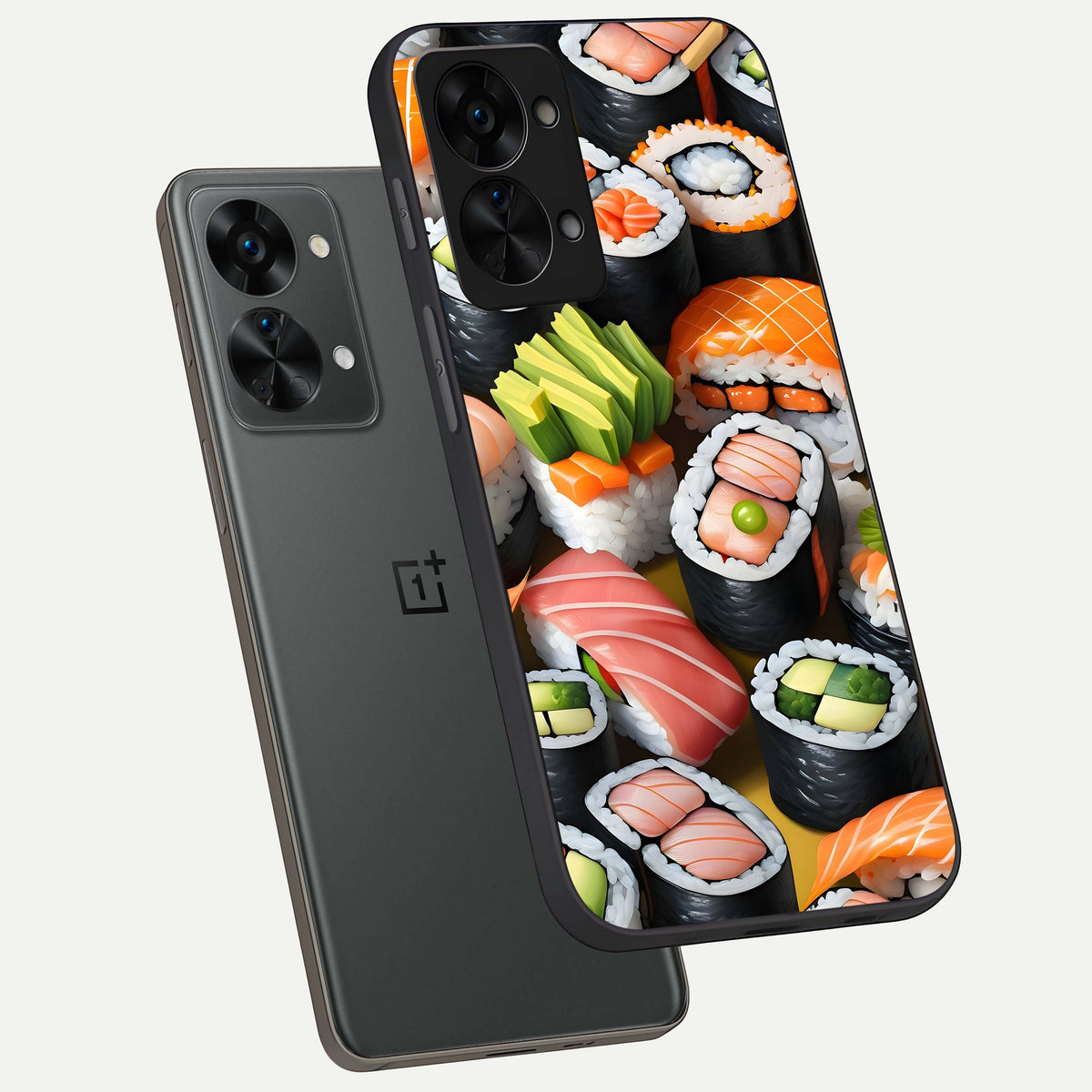  Sushi Food Pattern phone case For OnePlus Nord 2T showing premium glass back cover with detailed artwork