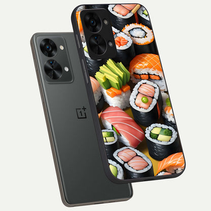  Sushi Food Pattern phone case For OnePlus Nord 2T showing premium glass back cover with detailed artwork