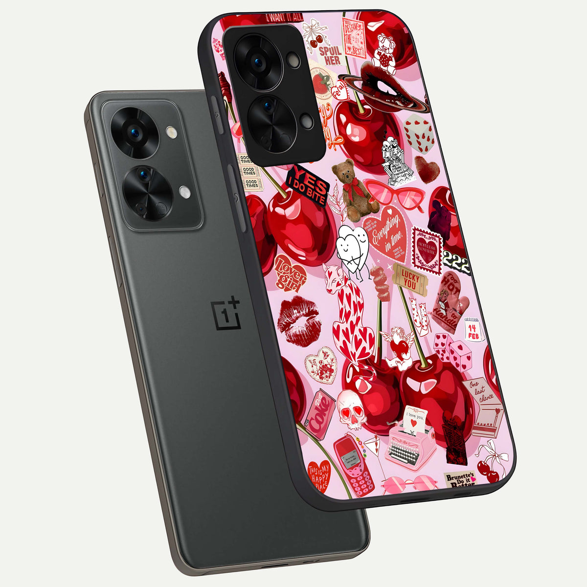  Sweet Cherry Chaos phone case For OnePlus Nord 2T showing premium glass back cover with detailed artwork