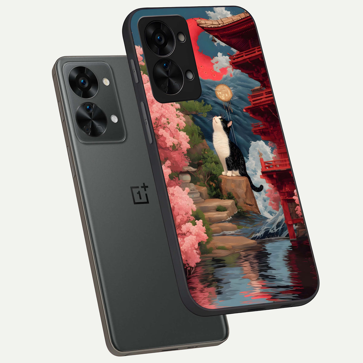  Temple Cat Scenery phone case For OnePlus Nord 2T showing premium glass back cover with detailed artwork