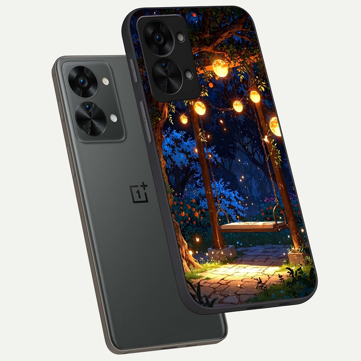  Twilight Garden Swing phone case For OnePlus Nord 2T showing premium glass back cover with detailed artwork