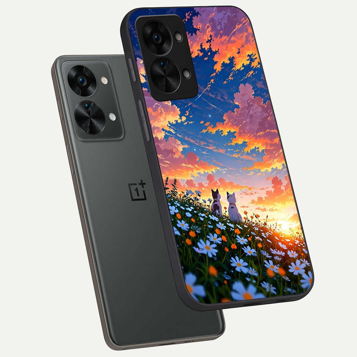  Two Cats Friends phone case For OnePlus Nord 2T showing premium glass back cover with detailed artwork